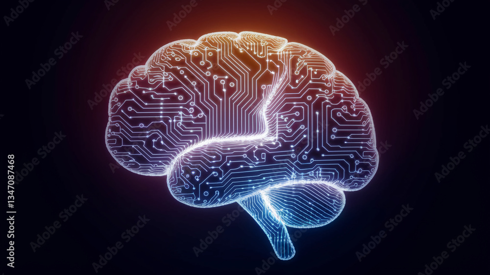 Poster glowing brain shaped like a circuit board, representing artificial intelligence, neural networks, an