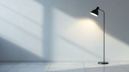 A modern black metal floor lamp with a round shade, positioned beside a white wall, elegant and minimalistic design, soft lighting
