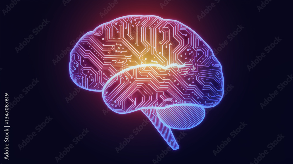 Poster neon brain circuit design, symbolizing artificial intelligence, technology, and neural networks, ide