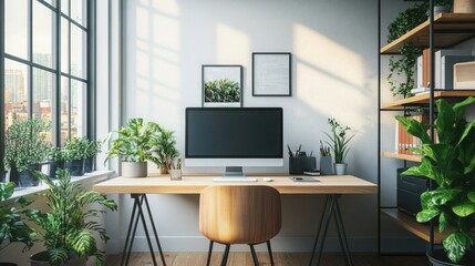 A modern workspace with a sleek desk, minimal decor, and a bright, open ambiance