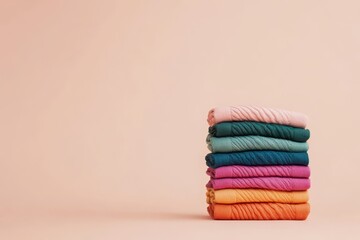 Colorful yarn stacked neatly in pastel shades for crafting projects in a minimalistic workspace