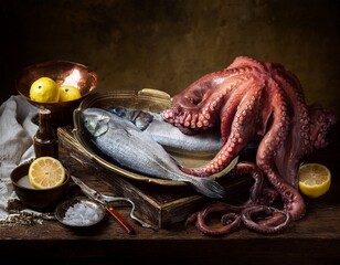 Still life with fish and octopus in 19th century painting style