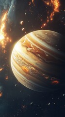 Fototapeta premium A majestic gas giant planet showcasing detailed textures and swirling storms, surrounded by fiery cosmic elements and moons. Ideal for sci-fi, space, and educational use.. AI Generation