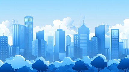 Obraz premium urban landscape in monochrome with clouds overhead. Tree-lined, blue city buildings. Vector illustration of a modern architectural flat style, Generative AI.