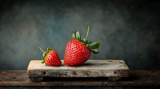 Two fresh, vibrant strawberries on a rustic wooden surface