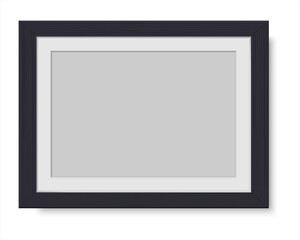 Fototapeta premium Realistic horizontal blank picture frame with shadow. Wooden black rectangular photo frame with wood texture for art gallery or interior. Vector illustration isolated on white background.