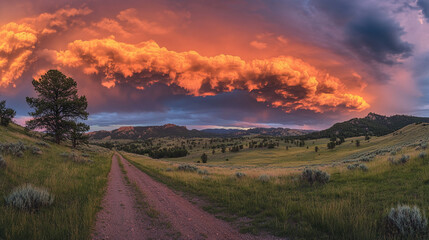 Scenic dirt road landscape with vibrant sunset clouds and rolling hills.