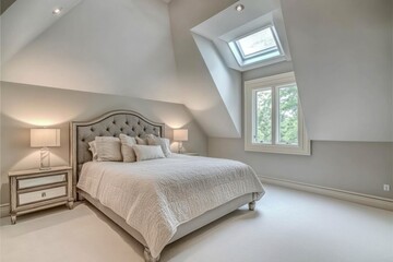 Luxurious bedroom interior features a large bed with upholstered headboard and lamps