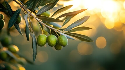 Sunlit olive branch with ripe green olives