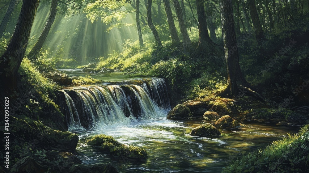 Poster a cascading waterfall in a forest glade illuminated by soft sunlight, surrounded by lush greenery. a