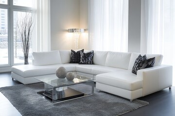 A modern living room displaying a white sectional sofa set