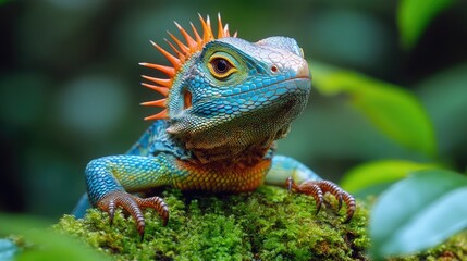 Obraz premium Vibrant lizard perched on moss, rainforest background, nature photography