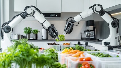 Robotic arms handling fresh produce in a modern kitchen.  Automated food preparation
