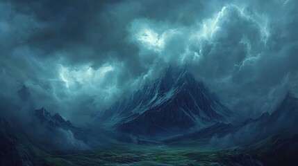 Dark storm clouds forming over a distant mountain range.