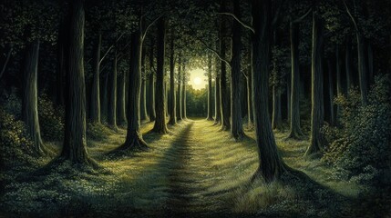 Obraz premium A picturesque forest path bathed in soft sunlight under a dense canopy of tall trees, with lush greenery and a serene ambiance, perfect for nature lovers and tranquil escapes.. AI Generation