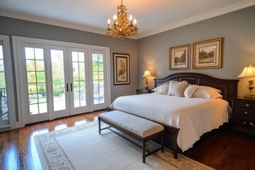A luxurious bedroom interior with elegant furnishings and bright natural light
