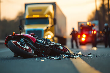 Fototapeta premium Fatal Collision: A dramatic scene of a motorcycle accident on a highway, with the crumpled bike amidst debris, emergency responders attending, and a semi-truck looming in the background.