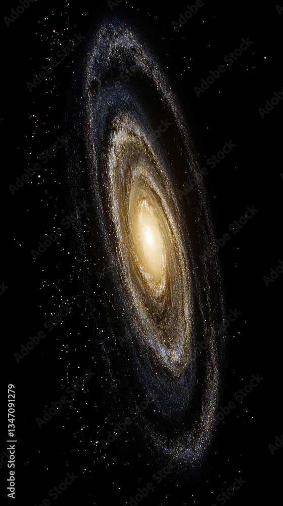 Poster a glowing spiral galaxy with a bright golden core and intricate starry spirals, set against the dark