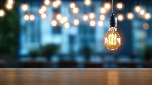 Warm light bulb over wooden table, blurred cafe