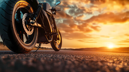Sunset Ride:  A powerful motorcycle stands poised on a highway, facing a vibrant, fiery sunset. The dramatic composition of the image captures the essence of freedom, adventure.