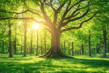 Fototapeta premium Majestic Sunlight Filters Through Spring Forest.