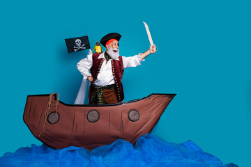 Photo of medieval hero pirate swimming sea battle isolated on blue color background