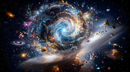 Vibrant Spiral Galaxy in Dark Space with Celestial Objects