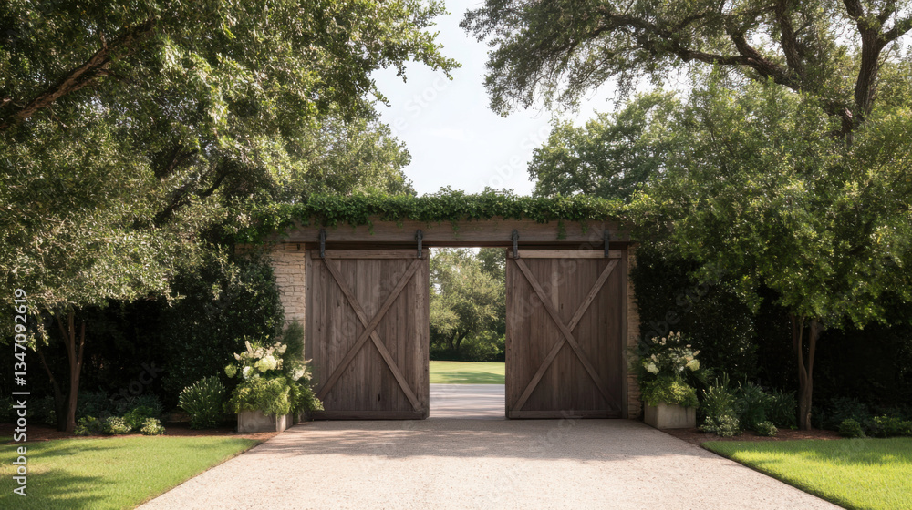Poster rustic barn front gate with sliding door is framed by lush greenery and trees, creating serene and i