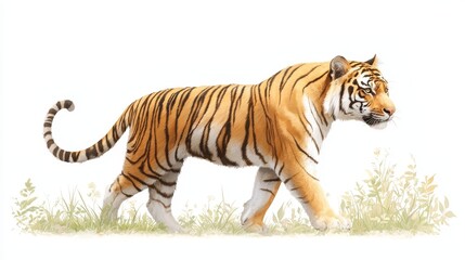 Obraz premium Majestic tiger paces through a verdant field, captivating glimpse of wildlife in nature