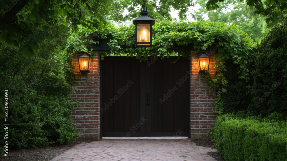 Poster rustic front gate made of dark wood, surrounded by lush greenery and illuminated by warm lanterns, c