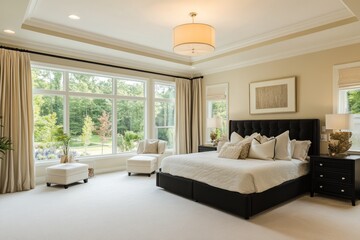 Luxurious bedroom features a large bed and scenic outdoor view