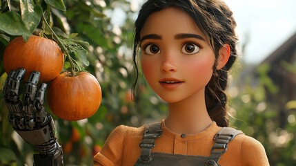 Animated Woman Contemplating Oranges