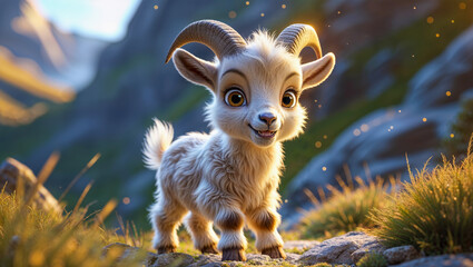 Obraz premium AI-generated images of a storybook character, 3D animation-style, cute, playful baby Ibex Mountain goat