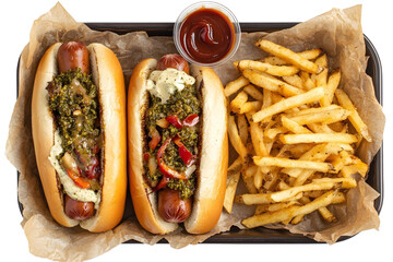 Overhead shot of gourmet hot dogs with fries, sauces, and condiments