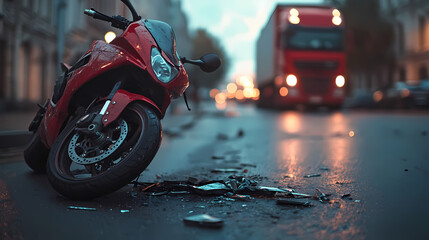 Fototapeta premium Aftermath: A stark scene depicting a damaged motorcycle and a truck on a city street, illustrating potential consequences.