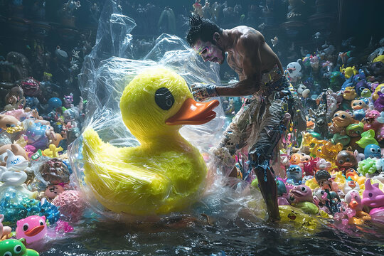 Man Playing in a Pool of Rubber Ducks at Night
