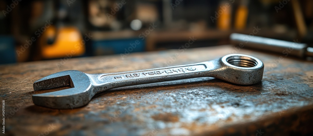 Poster close-up of a wrench on a workbench in a workshop.