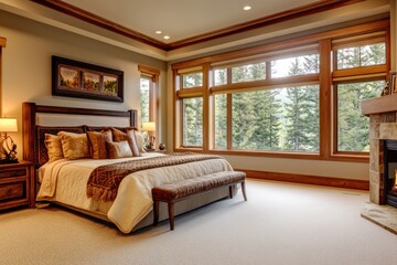 A luxurious bedroom boasts a fireplace and large forest views