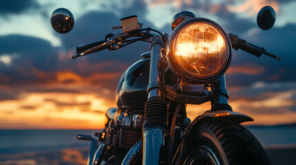 Motorcycle at Sunset: A classic motorcycle, bathed in the warm light of the setting sun, sits poised against a vibrant, painterly sky, evoking a sense of freedom and adventure.