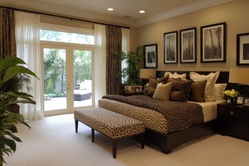Luxurious Bedroom Featuring a Large Bed with Leopard Print Decor