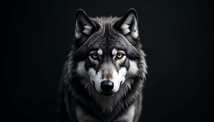Fototapeta premium Majestic Gray Wolf Portrait Dark Background Wildlife Photography