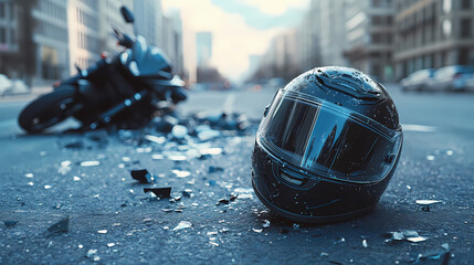 The Aftermath: A motorcycle lies damaged in the street beside a helmet, suggesting a collision. The image captures the grim reality of a road accident