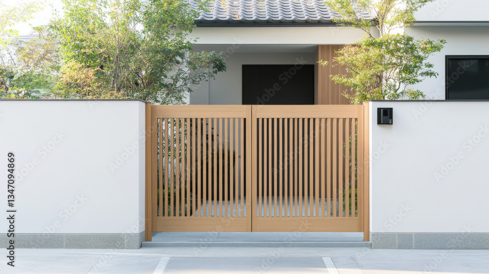 Poster modern scandinavian front gate made of light wood features simple lines and vertical slats, creating