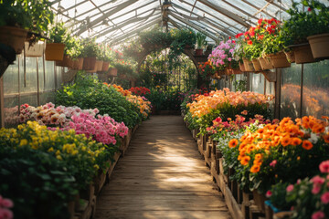 Fototapeta premium A greenhouse filled with colorful flowers, vibrant and lush, under a clear sky.