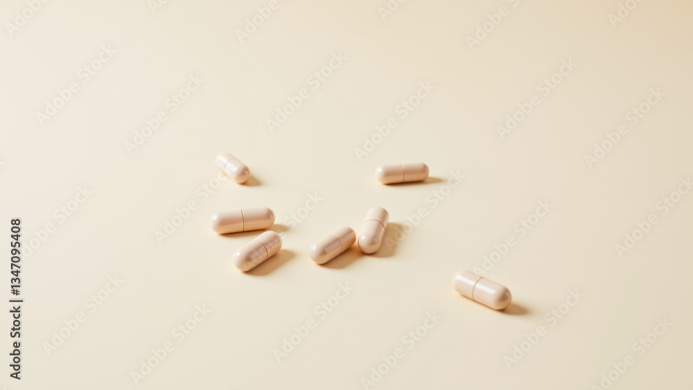 Poster image of a single capsule on a surface with many similar capsules scattered around it, indicating me