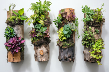 Three wooden planters each with a different plant - a lush fern, a vibrant red geranium, and a trailing ivy. Green leaves contrast against the brown wood background.