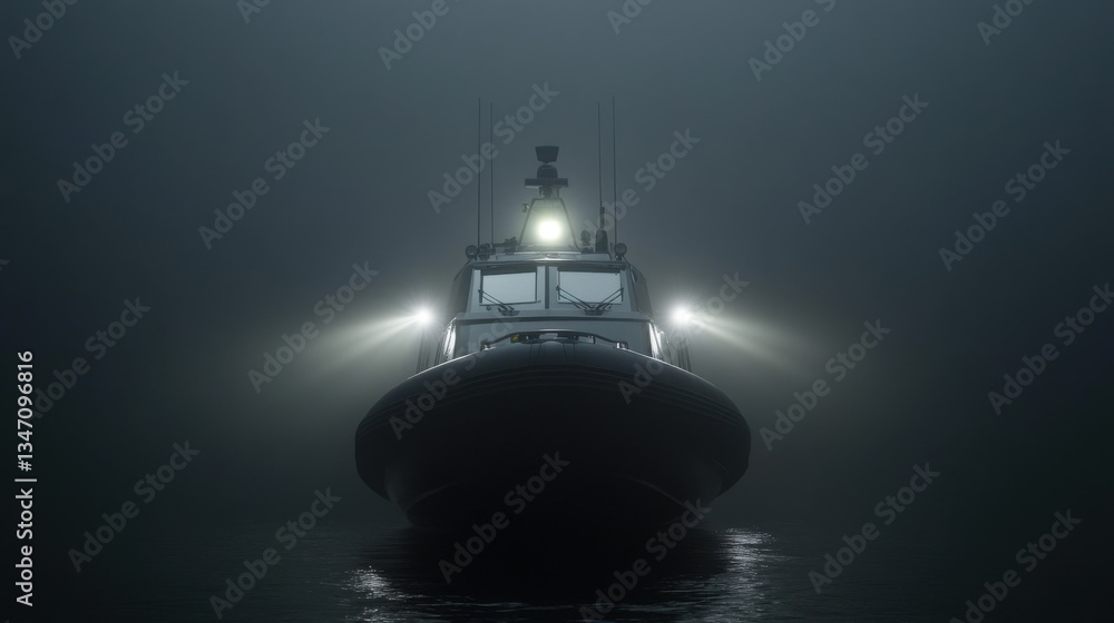 Aufkleber sleek modern rescue boat with advanced navigation systems is illuminated in fog, showcasing its powe