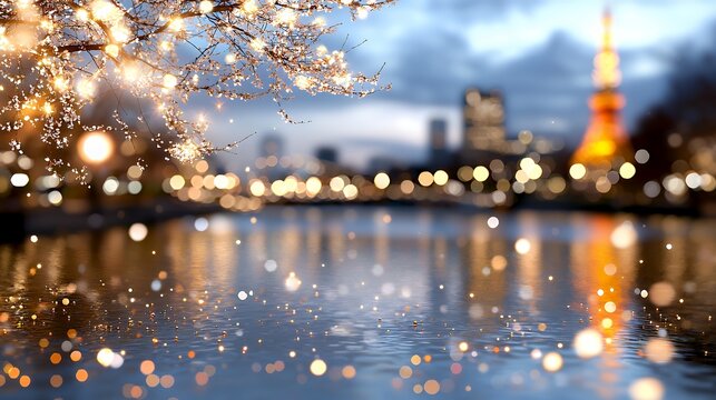 Cityscape Reflection at Night with Illuminated River and Blooming Tree