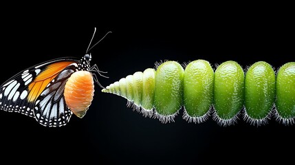 Monarch Butterfly Transformation with Caterpillar on Black Background