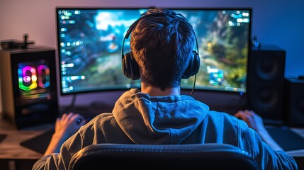 Männlicher Gamer sitzt in einem RGB-beleuchteten Gaming-Raum und blickt auf einen großen Monitor, Rückansicht, moderne Gaming-Atmosphäre